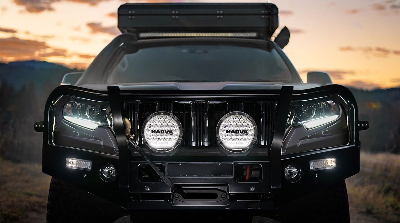 Narva Ultima MK2 Black Edition LED driving lights on black 4x4 4wd