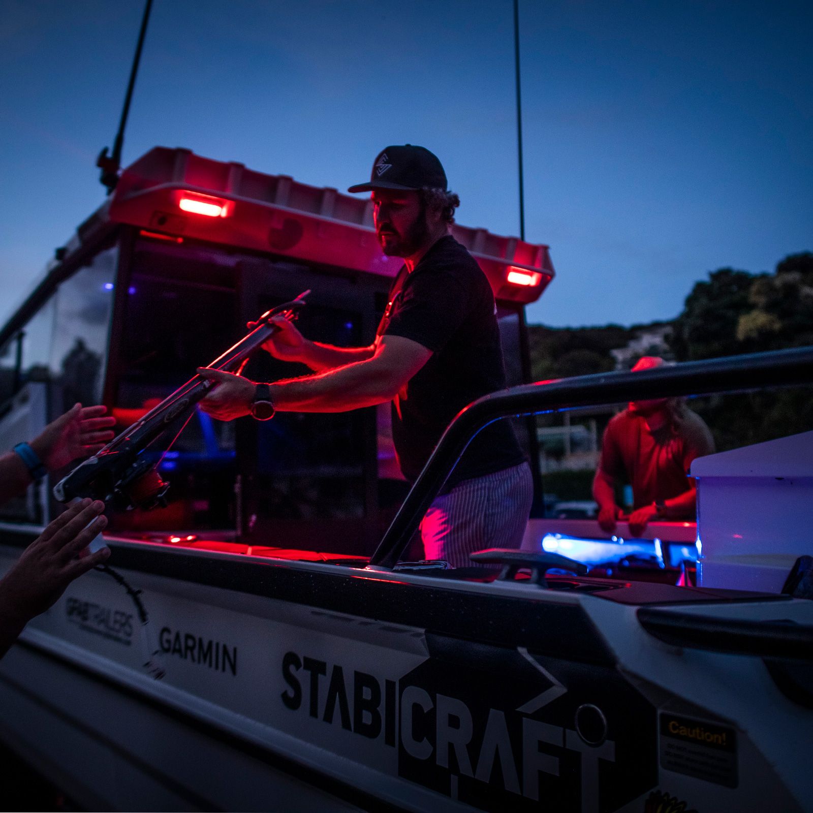 Narva LED Deck lamp shing red light on boat deck