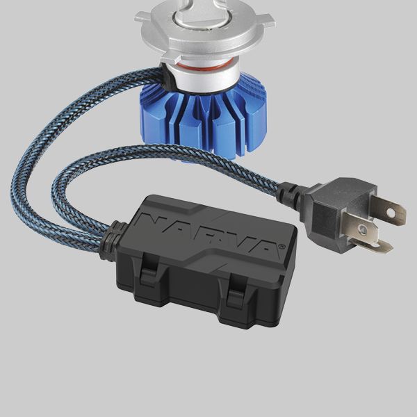 A product shot of a Narva LED globe with the focus on the external driver and aluminium heatsink