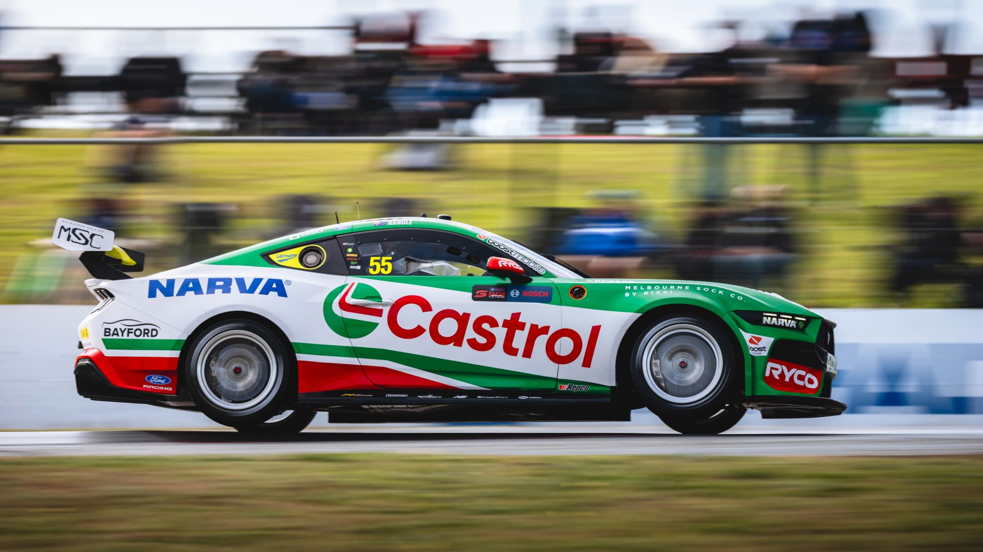 Thomas Randle and the #55 Castrol Racing Mustang featuring NARVA branding